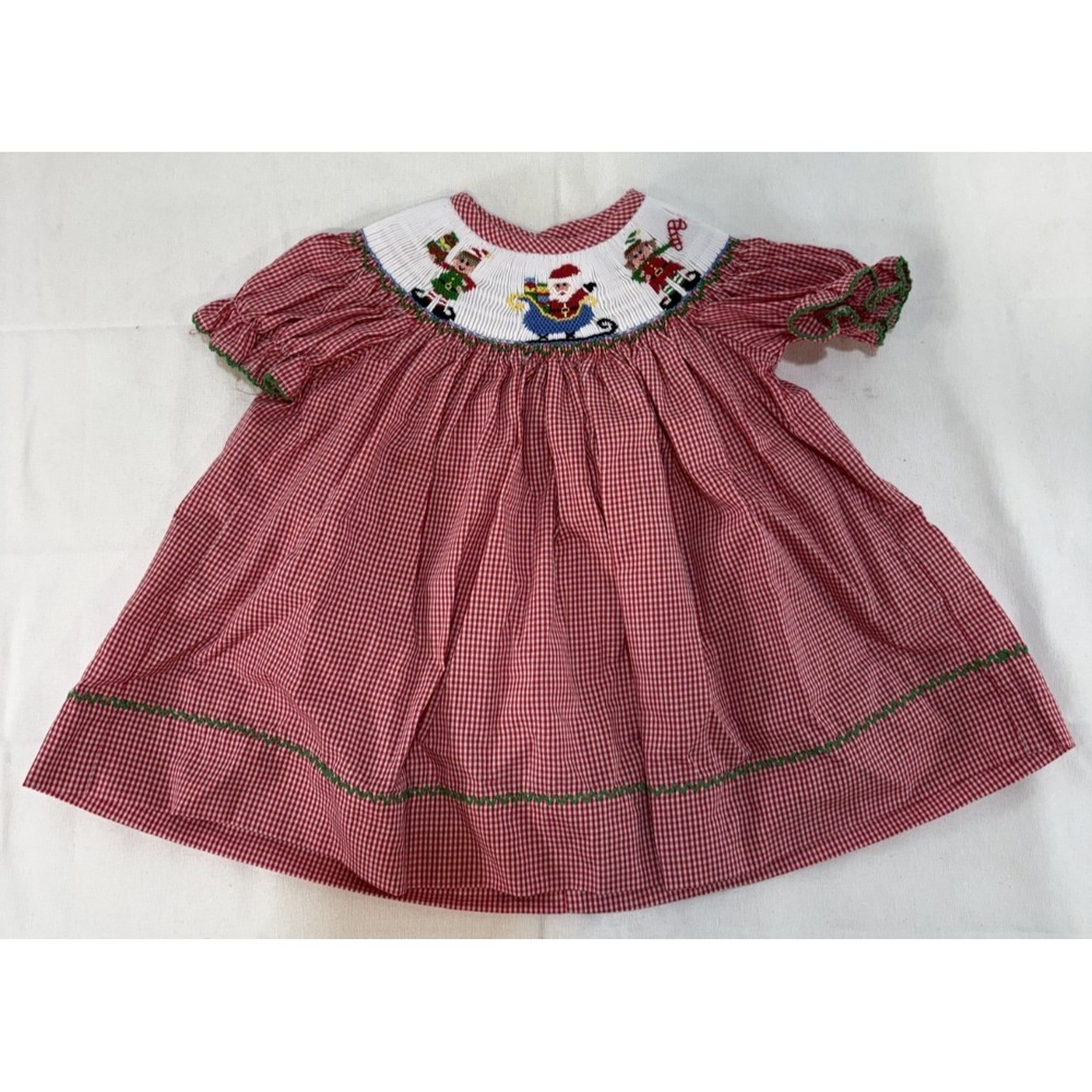 Southern Smocked Holiday Christmas Red/White Dress Santa & Elves Size 6 Months